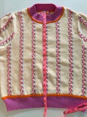 THML Multi-Pattern Short Sleeve Knit Sweater Cream with Pink and Orange Trim M